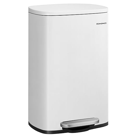 SONGMICS 13 Gallon (50 L) Trash Can, Stainless Steel Kitchen Garbage Can, Recycling or Waste Bin, Soft Close, Step-On Pedal, Removable Inner Bucket, White ULTB050W01