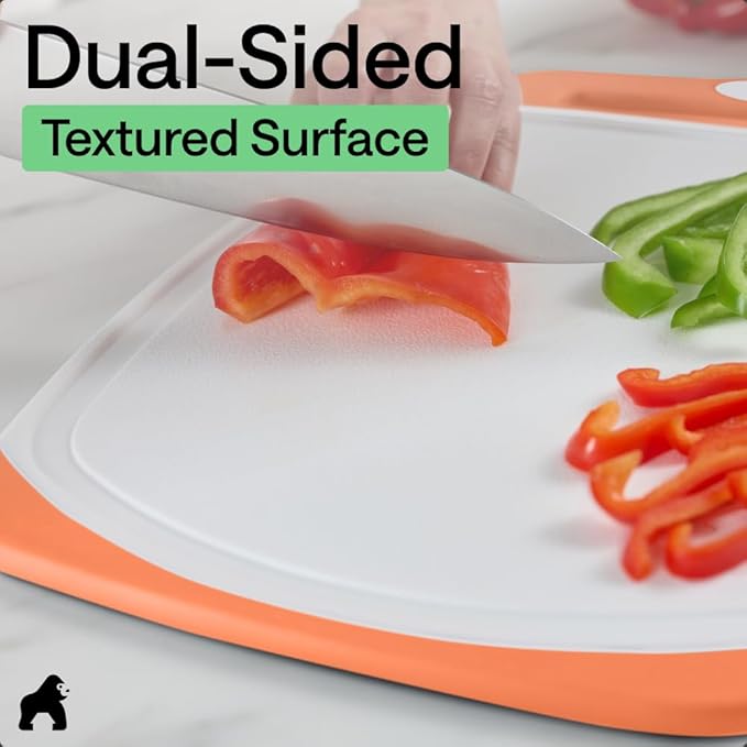 GORILLA GRIP BPA-Free Reversible Kitchen Cutting Board Set of 3 US Designed, Nonporous, Juice Grooves Catch Liquid, Slip Resistant Border, Dishwasher Safe Large Food Chopping Boards, Lime Orange Lemon
