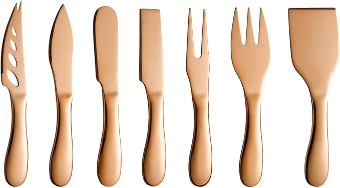 Copper Cheese Knives Set 7 Pieces Stainless Steel Kitchenware Utensils Gadgets 7 Pieces Cheese Knife,Cheese Spreader,Cheese Forks,Cheese Slicer,Cheese Cutter,Butter Knife