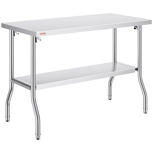 VEVOR Stainless Steel Foldable Work Table, 48 * 24 Inch Heavy Duty Food Outdoor Double Layer Stainless Steel Worktable for Commercial Kitchen Restaurant