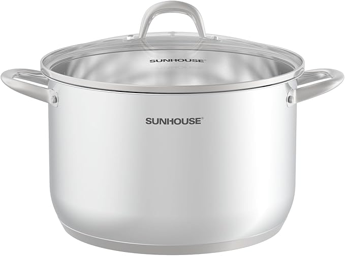 SUNHOUSE Stainless Steel Stock Pot - 13 Quart Heavy-Duty Induction Cooking Pot with Visible Lid for Pasta, Soup, Spaghetti - Nonstick Thick-Bottom Deep Stockpot for Canning, Boiling, and Simmering