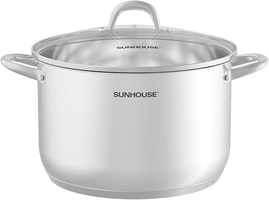 SUNHOUSE Stainless Steel Stock Pot - 13 Quart Heavy-Duty Induction Cooking Pot with Visible Lid for Pasta, Soup, Spaghetti - Nonstick Thick-Bottom Deep Stockpot for Canning, Boiling, and Simmering