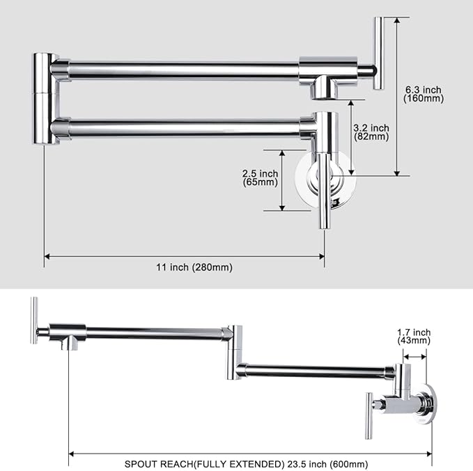 WOWOW Chrome Pot Filler Faucet - Solid Brass Pot Filler Wall-Mounted Pasta Faucet with Double Joint Swing Arm for Kitchen Over Stove