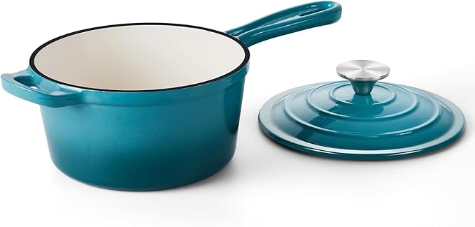 Enameled Saucepan with Lid, Non Stick Cast Iron Sauce Pan, Dutch Oven Pot (Peacock Blue, 2 Quarts)