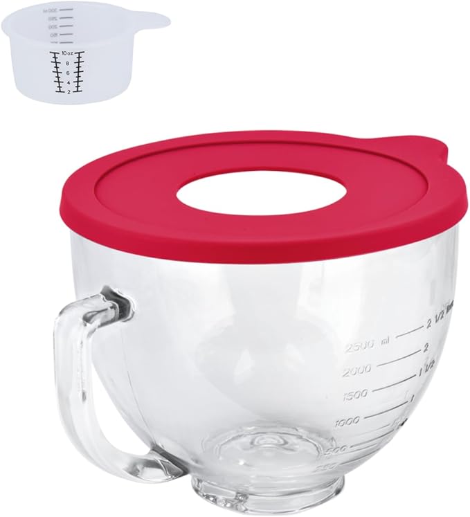Glass Bowl Compatible With KITCHENAID Stand Mixer,5QT,With Red Lid Compatible with Artisan 5KSM125, 5KSM150, 5KSM175, 5KSM7580, KSM150, RRK150 and More Models for Simple Attachment