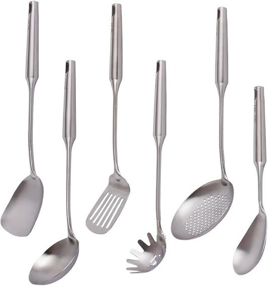 304 Stainless Steel Kitchen Utensils Set, VALESKA 6 PCS Metal Cooking Utensils Set, metal spoon,Wok Spatula, Ladle, Skimmer Slotted Spoon,Serving Large Spoon, Slotted Spatula Tunner