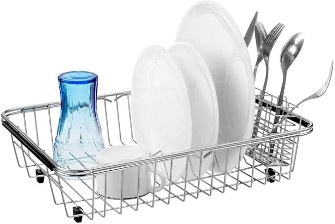 SANNO Expandable Dish Drying Rack,Large Dish Drainer Drainwith 4 Division Utensil Silverware Cutlery Holder, Expandable Dish Rack Shelf Dish Rack in Sink or Over Sink On Counter Stainless Steel