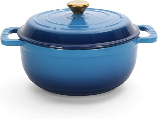ROVSUN 5 Quart Enameled Cast Iron Dutch Oven with Lid, Dual Handles, Oven Safe up to 500°F or on Stovetop, Compatible for Braising, Stews, Roasting, Bread Baking-Blue