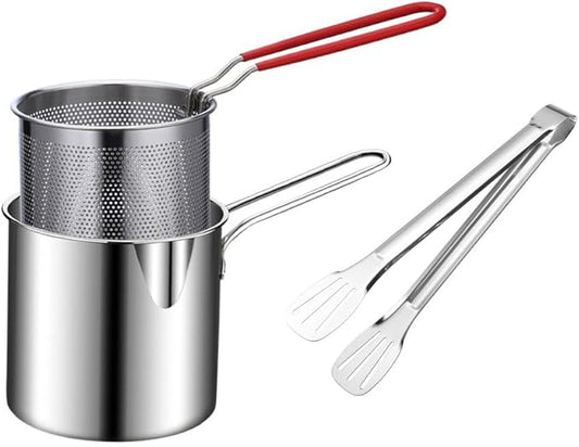 Cabilock Deep Fryer with Basket 4.7 Inch Compact Frying Pot with Perforated Strainer for French Fries Fish Shrimp Chicken Wings Kitchen Appliance