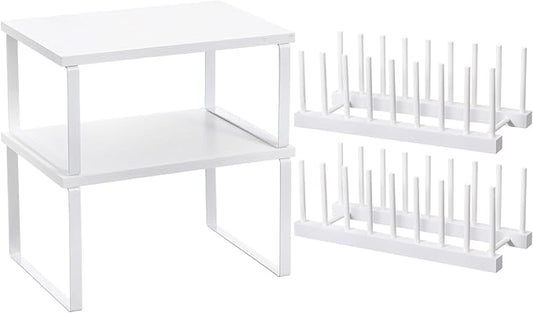 Marsui 4 Pcs Kitchen Organizer Accessories Set Cabinet Organizer Shelf and Bamboo Dish Drying Plate Rack Counter Shelves Storage Holder for Spice Rack, Dish, Pot Lid, Bowl, Cup (White)