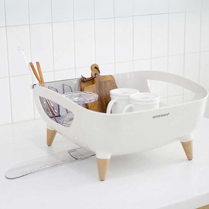 Wide Volume Dish Drying Rack with Removable Utensil Holder, Large Capacity Kitchen Counter Organizer, 360° Swivel Water Drain Spout, Sleek Design, Made in Korea (Cream White)