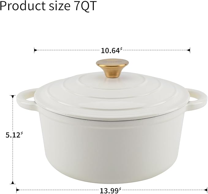 7QT Enameled Cast Iron Dutch Oven Pot with Lid,Heavy-Duty Cookware for Sourdough Bread Baking,Braising,Stews,Roasting,Oven Safe up to 500°F,cream