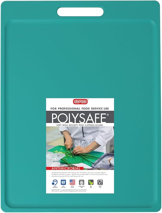 Dexas NSF Certified Polysafe Cutting Board with Handle, 11 x 14.5 Inches, Reversible Kitchen Cutting Board, Teal Green
