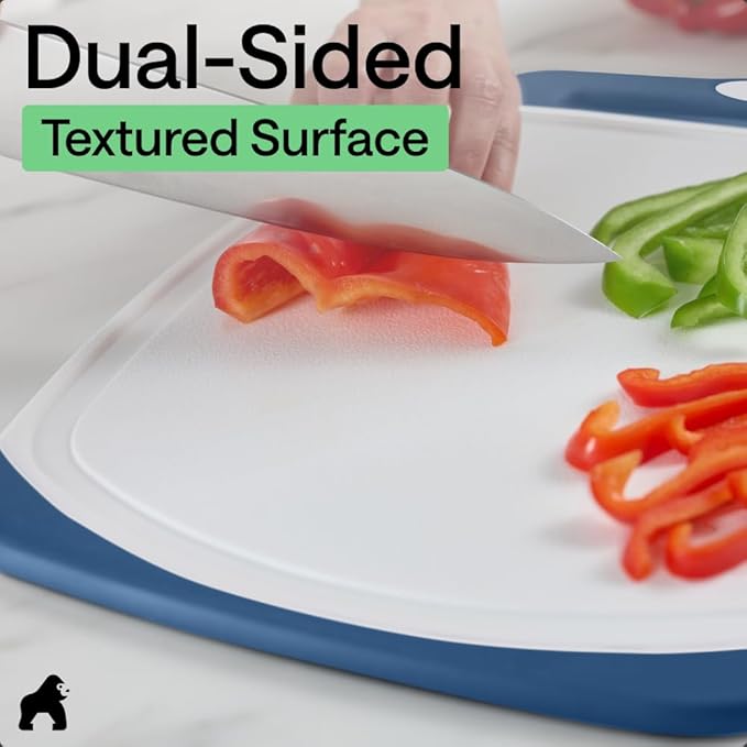 GORILLA GRIP BPA-Free Reversible Kitchen Cutting Board Set of 3, US Designed, Nonporous, Juice Grooves Catch Liquid, Slip Resistant Border, Dishwasher Safe Large Food Chopping Boards, Red Blue Green