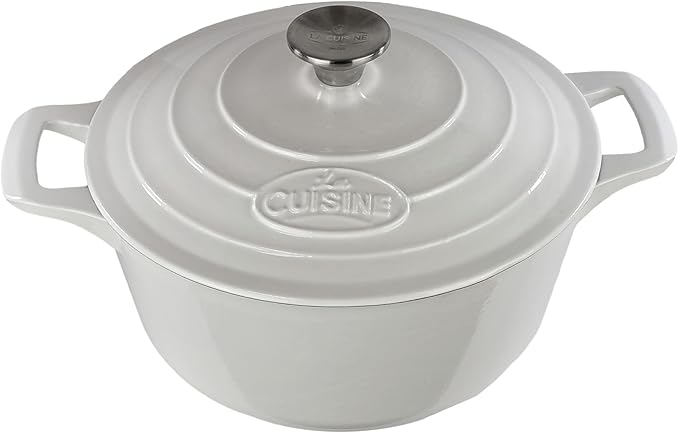 La Cuisine Enameled Cast Iron Dutch Oven Casserole Dish Pot with Lid 5 QT 10.3" /26cm Cream White Enamel Coating Interior, White Enamel Coating Exterior, Oven Safe up to 500° F