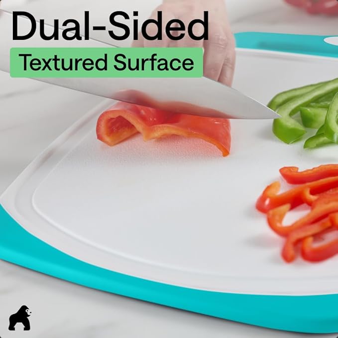 GORILLA GRIP BPA-Free Reversible Kitchen Cutting Board Set of 3, US Designed, Nonporous, Juice Grooves Catch Liquid, Slip Resistant Border, Dishwasher Safe Durable Large Food Chopping Boards Turquoise