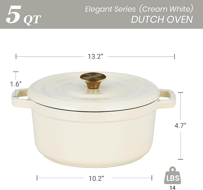 Overmont Enameled Cast Iron Dutch Oven - 5QT Pot with Lid Cookbook & Cotton Potholders - Heavy-Duty Cookware for Braising, Stews, Roasting, Bread Baking Cream white