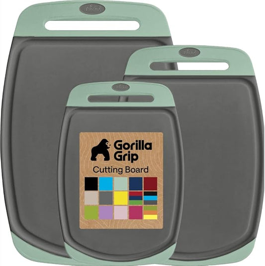 GORILLA GRIP BPA-Free Reversible Kitchen Cutting Board Set of 3, US Designed, Nonporous, Juice Grooves Catch Liquid, Slip Resistant Border, Dishwasher Safe, Durable Food Chopping Boards, Gray Mint