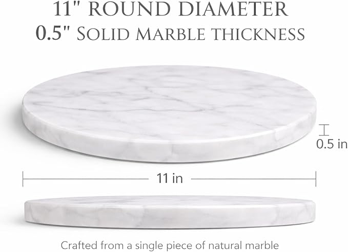 11-Inch Round Marble Cheese Board – Solid White Natural Stone Cutting Board & Charcuterie Serving Tray with Non-Slip Feet, 0.5” Thick, Easy to Clean.