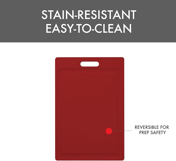 Dexas NSF Certified Polysafe Cutting Board with Handle and Juice Well, 12 x 18 inches, Reversible Kitchen Cutting Board, Red