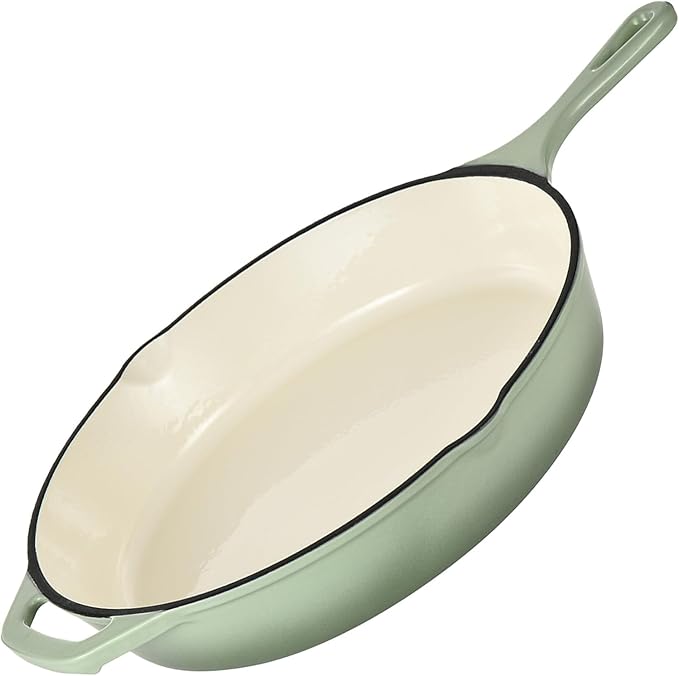 Hamilton Beach Enameled Cast Iron Fry Pan 12-Inch Sage, Cream Enamel Coating, Skillet Pan For Stove top and Oven, Even Heat Distribution, Durable