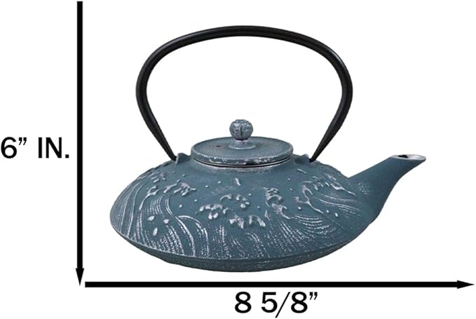 Ebros Gift Traditional Oriental Tetsubin Cast Iron Teapot With Enameled Interior 27oz Asian Japanese Chinese Fusion Housewarming Tea Pot Accent (Royal Blue Ocean Sea Waves)