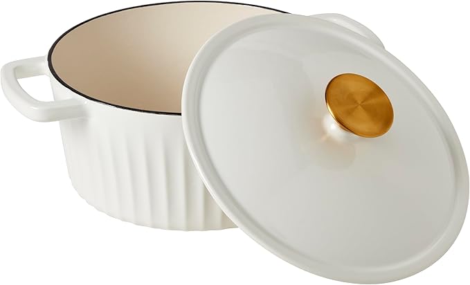Smith & Clark 3-Quart Enameled Cast Iron Fluted Dutch Oven Pot with Lid, White