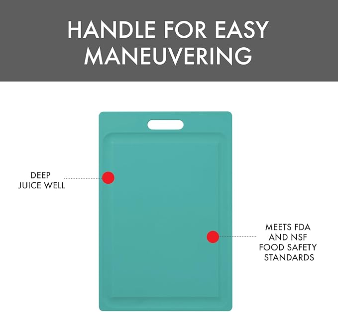 Dexas NSF Certified Polysafe Cutting Board with Handle and Juice Well, 12 x 18 inches, Reversible Kitchen Cutting Board, Teal Green
