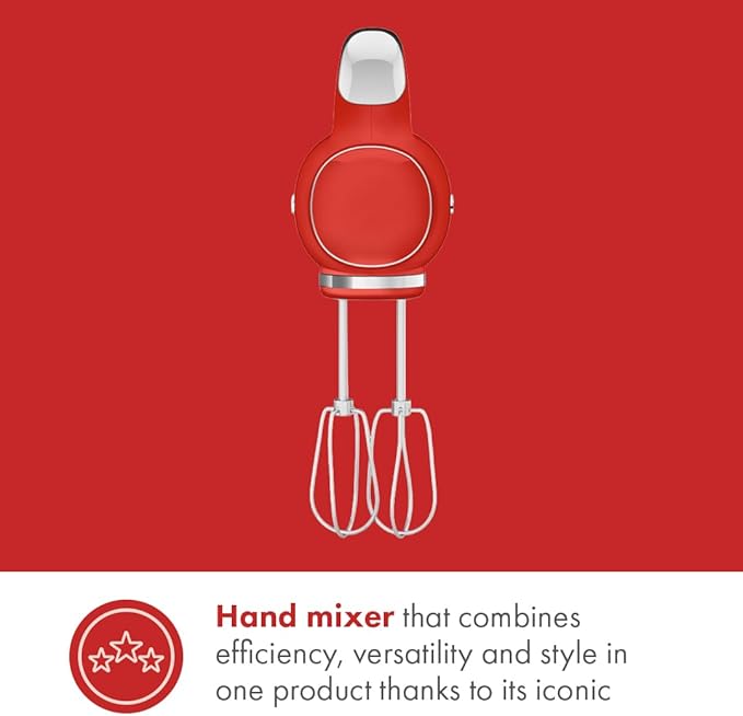 SMEG HMF01 9-Speed Retro Hand Mixer – 220W Motor, Smooth Start, Turbo Function, LED Timer Display, Stainless Steel Whisks, Beaters & Dough Hooks, Premium Die-Cast Aluminum Body