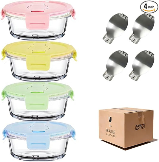 1.5 Cup Round Glass Food Containers with Lids and Folding spoon, Round Small Food Containers with lids, 12OZ Glass Lunch Bowls for Office Meals, Microwave, Freezer, Dishwasher Safe (4 Pack)