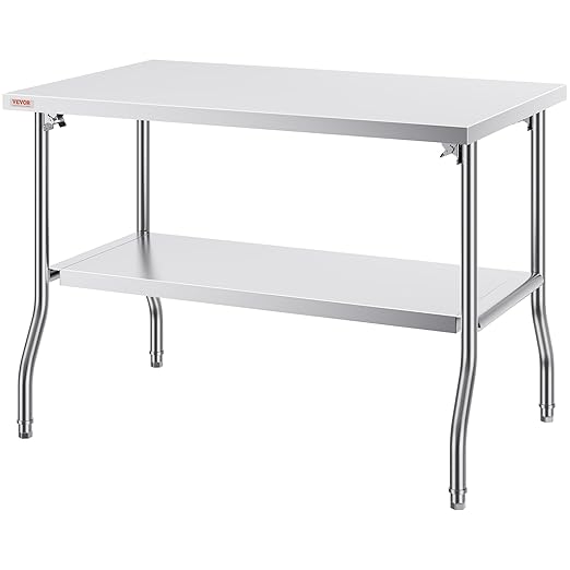 VEVOR Stainless Steel Foldable Work Table, 30 * 48 Inch Heavy Duty Food Outdoor Double Layer Stainless Steel Worktable for Commercial Kitchen Restaurant