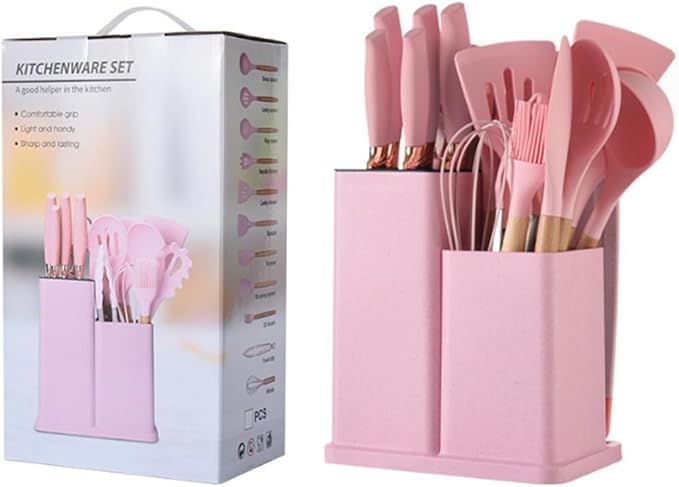 19 Pieces Kitchen Utensils and Knife Set with Block, Inldued 9 Pieces Silicone Cooking Utensils Set 5 Pieces Sharp Stainless Steel Chef Knives Scissors Whisk Tongs and Cutting Board (PINK)