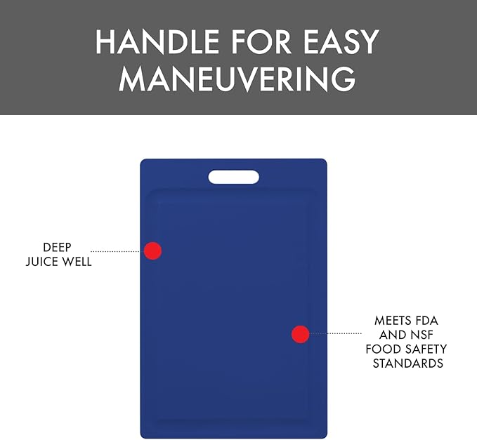 Dexas NSF Certified Polysafe Cutting Board with Handle and Juice Well, 12 x 18 inches, Reversible Kitchen Cutting Board, Blue