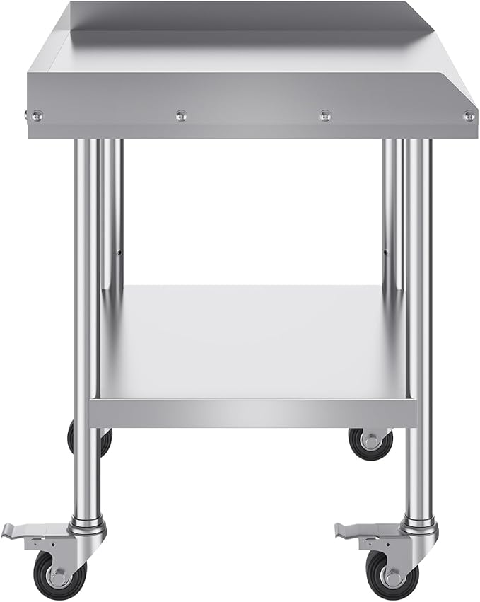 VEVOR Stainless Steel Work Table, 24 x 28 x 30 Inch Commercial Food Prep Worktable with 4 Wheels, Casters, 3-Sided Backsplash Heavy Duty Prep Worktable, Metal Work Table for Restaurant Home Hotel