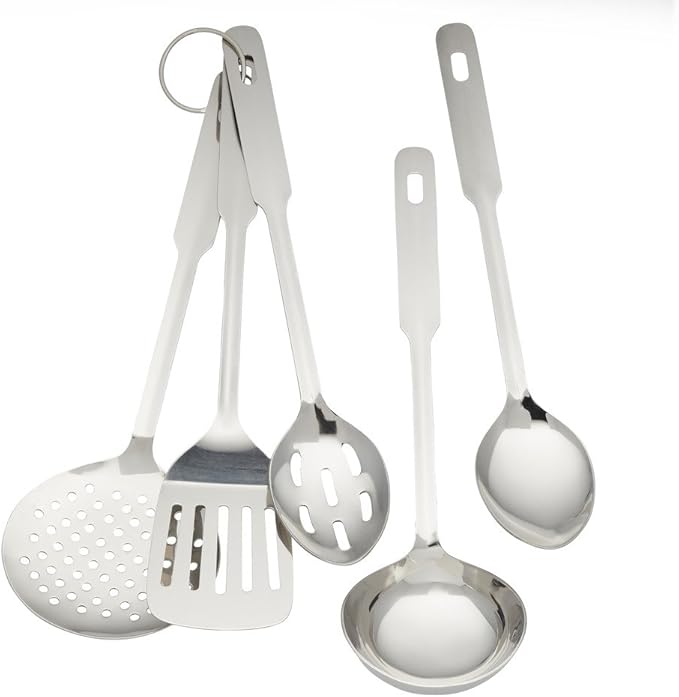 Amco 5 Piece Stainless Steel Cooking Utensil Set - Durable Kitchen Gadgets - Metal Kitchen Accessories - Easy to Clean Kitchen Tools
