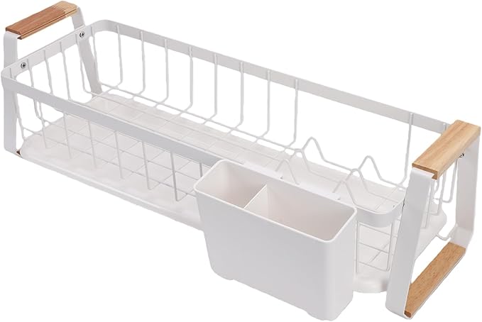 Dish Rack, Over Sink Metal and Wood Dish Drainer with Detachable Drip Tray and Utensil Holder, Space Saving Kitchen Organizer for Countertop (White)