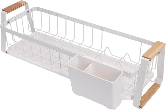 Dish Rack, Over Sink Metal and Wood Dish Drainer with Detachable Drip Tray and Utensil Holder, Space Saving Kitchen Organizer for Countertop (White)