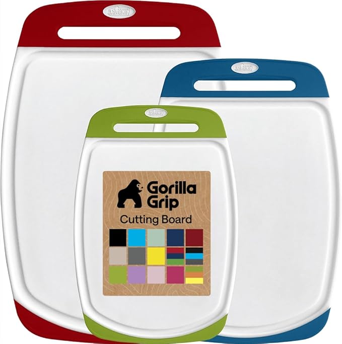 GORILLA GRIP BPA-Free Reversible Kitchen Cutting Board Set of 3, US Designed, Nonporous, Juice Grooves Catch Liquid, Slip Resistant Border, Dishwasher Safe Large Food Chopping Boards, Red Blue Green