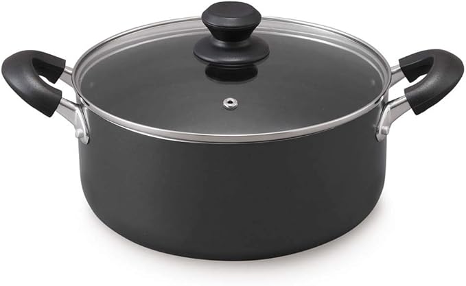 Iris Ohyama DIS-P24 Two-Handled Pot, 9.4 inches (24 cm), Pot with Lid, Gas Cook/Induction Compatible, Glass Lid, Diamond Coat, Long Lasting, Non-Stick, Easy Care, Black
