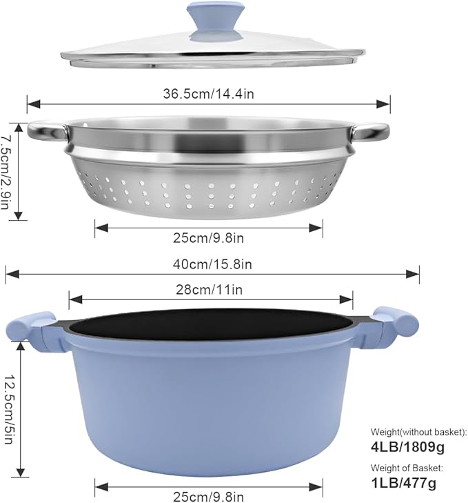 6-Quart Steamer Pot for Cooking, Steam Pots with Basket, Nonstick Stock Pot with Vegetable Steamer, Non Stick Soup Pot with Lid, Stay-Cool Handles, Induction Compatible, PFOA PFOS Free, Blue