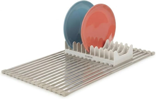 Aluminum Roll Up Dish Drying Rack Over Sink - Supports up to 55 lbs | Heavy Duty Square Bar | Rust-Free Anodized & Heat Resistant Cooling Rack with Removable Dish Holder (Beige, Large)