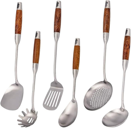 VALESKA 304 Stainless Steel Kitchen Utensils Set with Wood Handle, 6 PCS Metal Cooking Utensils Set, metal spoon,kitchen essentials, Non-Stick and Heat Resistant, Easy to Clean