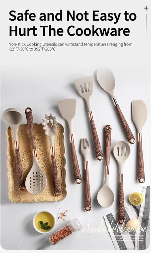 11-Piece Premium Silicone Kitchen Utensil Set with Holder - Heat-Resistant Cooking Tools with Wooklike Grain Handles & Rose Gold Accents - Nonstick Utensils for Modern Home Cooks.