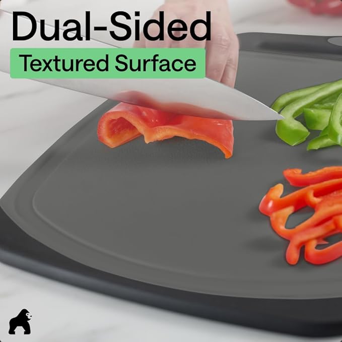 GORILLA GRIP BPA-Free Reversible Kitchen Cutting Board Set of 3, US Designed, Nonporous, Juice Grooves Catch Liquid, Slip Resistant Border, Dishwasher Safe, Durable Food Chopping Boards, Gray Black