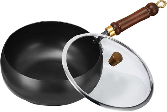 Uncoated Thick Iron Pot - Unenameled Cast Iron Casserole, Handmade Hammered & Large Belly with Lid for Baking, Cooking, Stewing (24CM/9.45IN,with Glass Lid)
