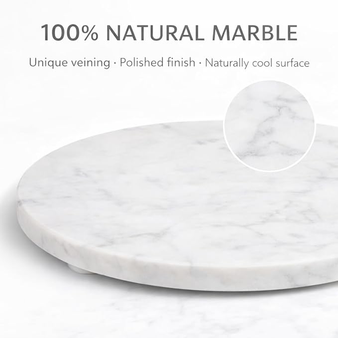 11-Inch Round Marble Cheese Board – Solid White Natural Stone Cutting Board & Charcuterie Serving Tray with Non-Slip Feet, 0.5” Thick, Easy to Clean.