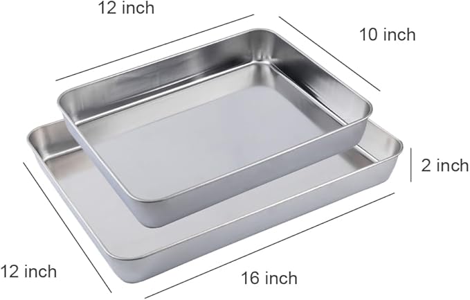 2Pcs Stainless Steel Deep Baking Pan Set（12 & 16 Inch）-PTFE/PFOA Free - Heavy Duty Rectangular Cookie Sheets for Oven, Cakes, Bread, Roasting - No Warping, Dishwasher Safe, Easy to Clean