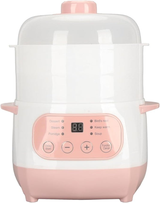 Electric Stew Pot, 1L 200W Appointment Timing Smart Slow Cooker with Steamer & Boil Dry, Automatic Mini Ceramic Pot with Lid, Digital Porridge Soup Pot for Home