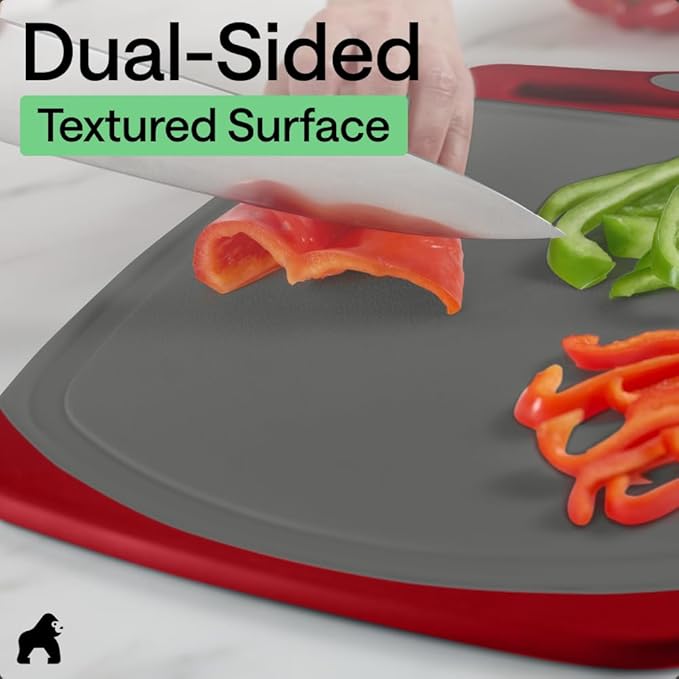 GORILLA GRIP BPA-Free Reversible Kitchen Cutting Board Set of 3, US Designed, Nonporous, Juice Grooves Catch Liquid, Slip Resistant Border, Dishwasher Safe, Durable Large Food Chopping Boards,Gray Red
