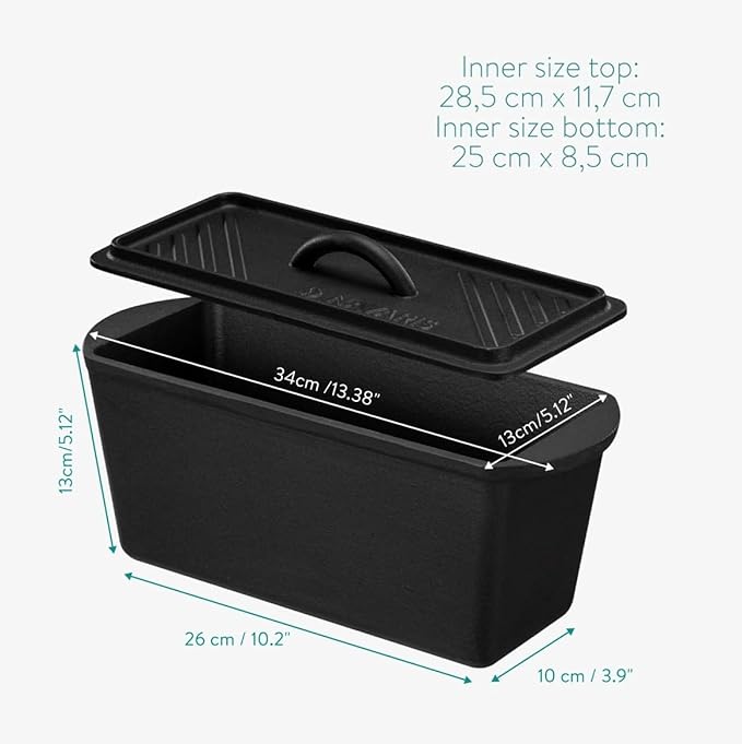 Navaris Long Bread Pan - Cast Iron Bread Loaf Pan with Lid for Homemade Sourdough Baking - 2 in 1 Cast Iron Loaf Pans - Covered Sour Dough Sandwich Baker - Dutch Oven Bakeware Set